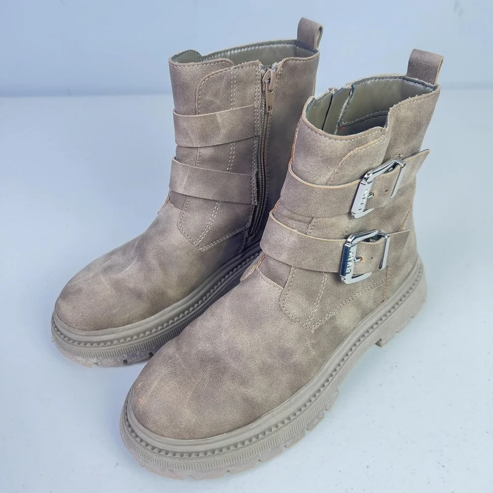 DKNY Boots Kids Size 3 Brown Biker Ankle Double Buckle Zip Lug Sole DKN1301-2